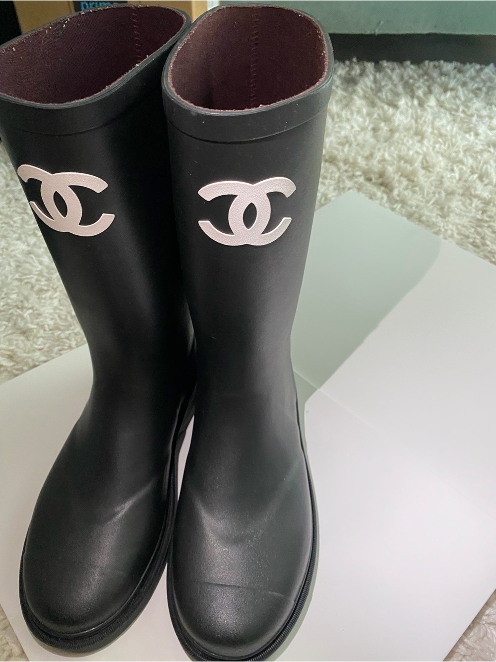 CHANEL Black Rain Boots with Pink Logo